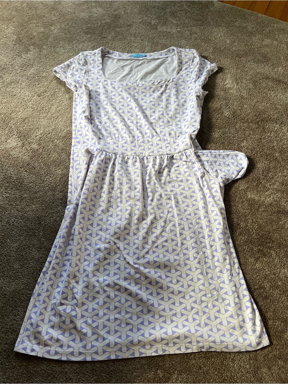 Geometric Lilac & White Short Sleeve Fit-and-Flare Dress with pockets